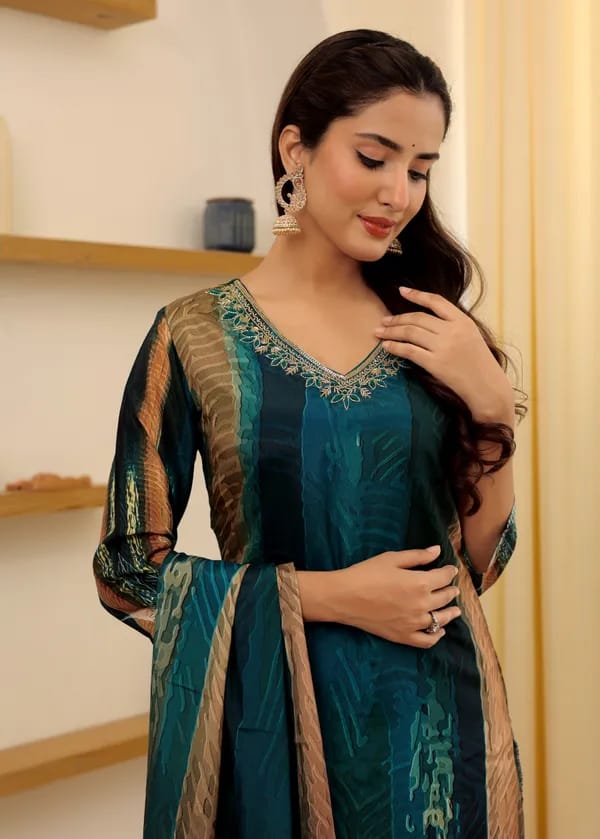 Women’s Rama Soft Rayon Slub Embroidered Kurta Set with Cotton Chanderi Dupatta