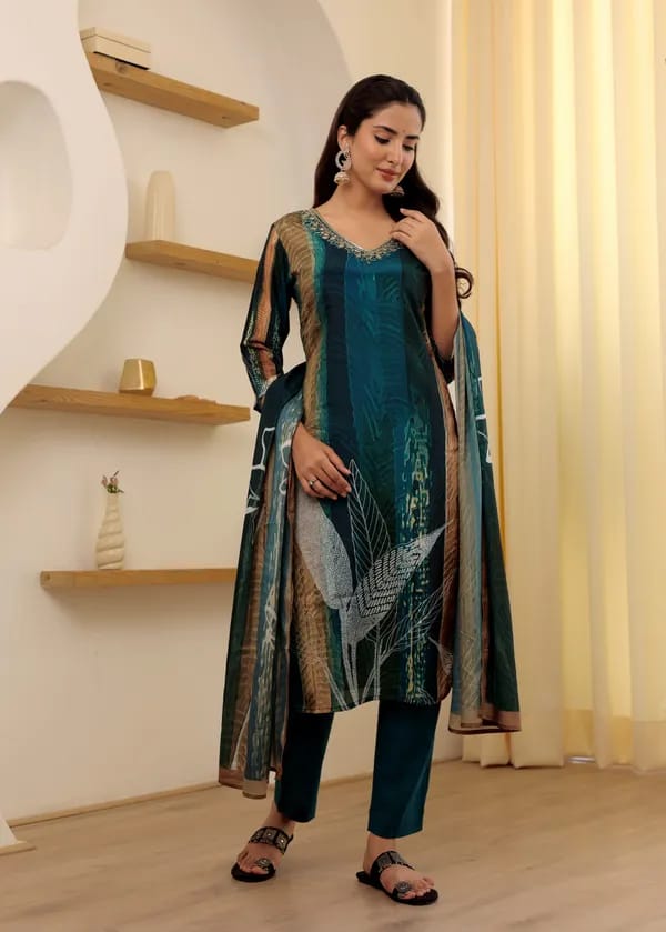 Women’s Rama Soft Rayon Slub Embroidered Kurta Set with Cotton Chanderi Dupatta