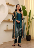 Women’s Rama Soft Rayon Slub Embroidered Kurta Set with Cotton Chanderi Dupatta