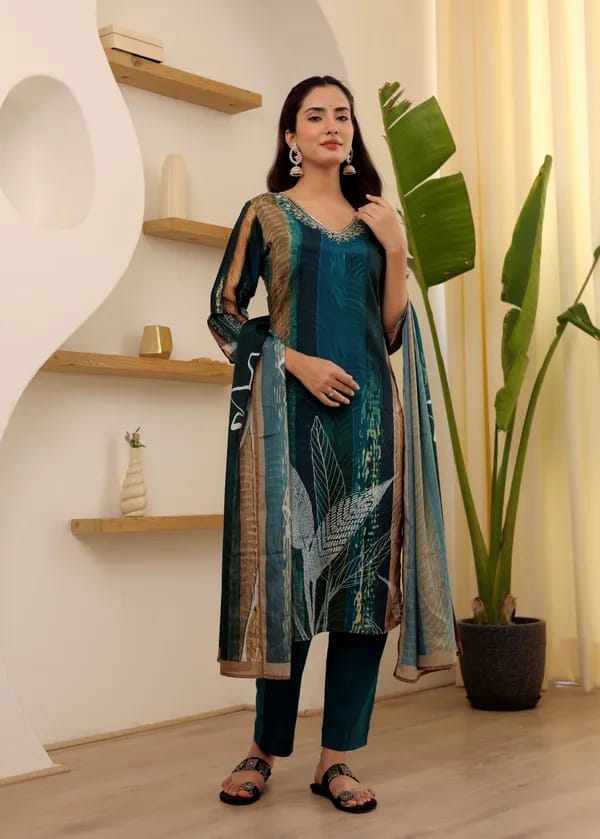 Women’s Rama Soft Rayon Slub Embroidered Kurta Set with Cotton Chanderi Dupatta