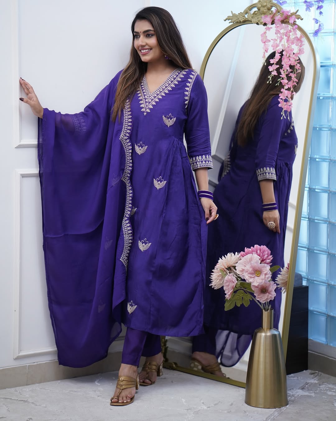 Women’s Purple Chanderi Embroidered Suit Set with One-Side Border Work Dupatta