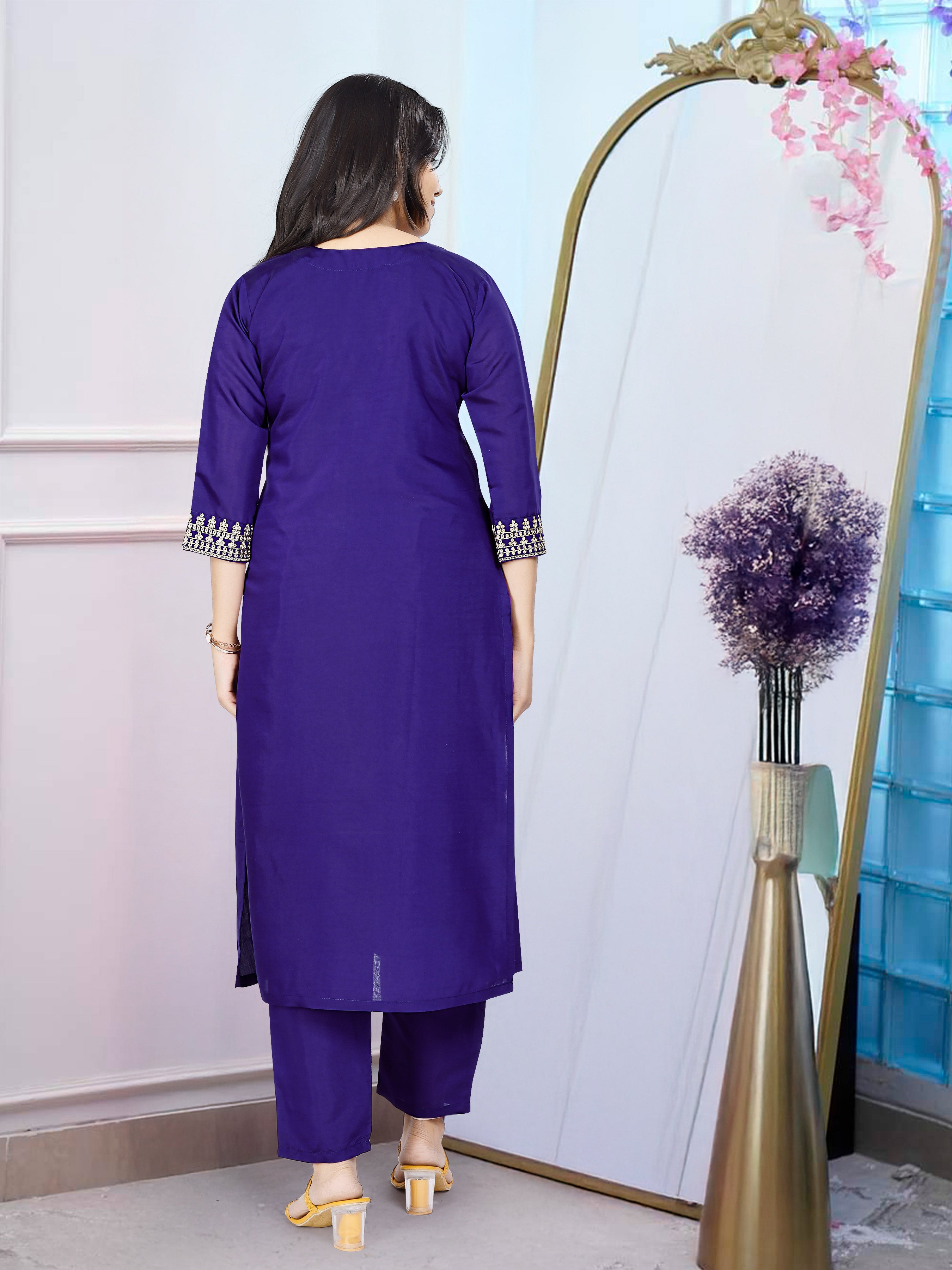 Women’s Purple Chanderi Embroidered Suit Set with One-Side Border Work Dupatta
