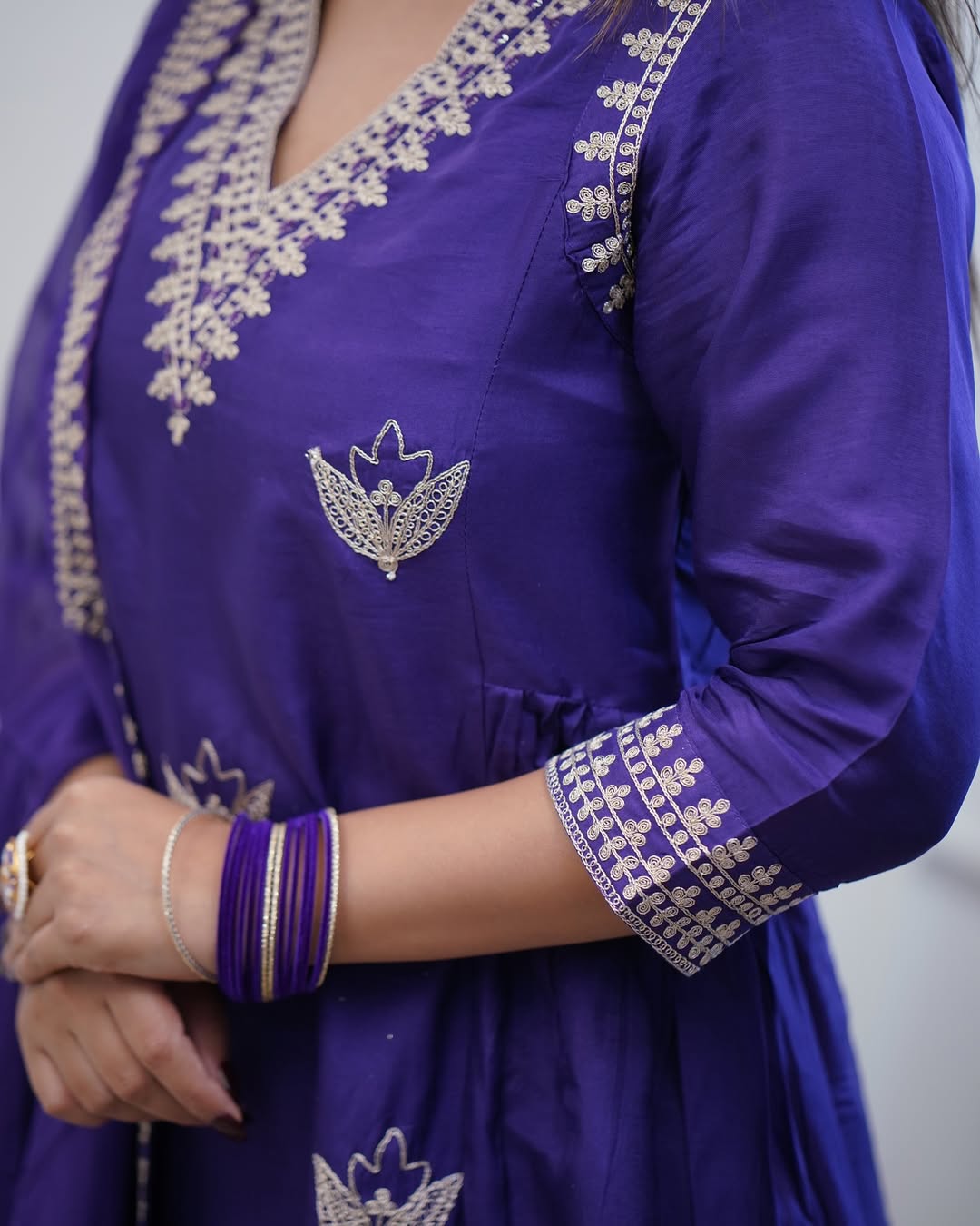 Women’s Purple Chanderi Embroidered Suit Set with One-Side Border Work Dupatta