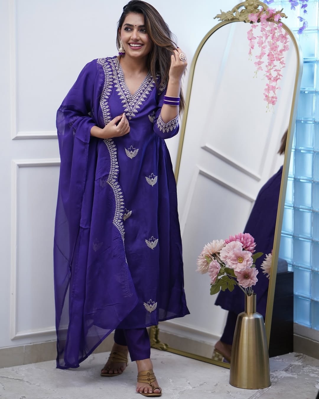 Women’s Purple Chanderi Embroidered Suit Set with One-Side Border Work Dupatta