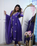 Women’s Purple Chanderi Embroidered Suit Set with One-Side Border Work Dupatta