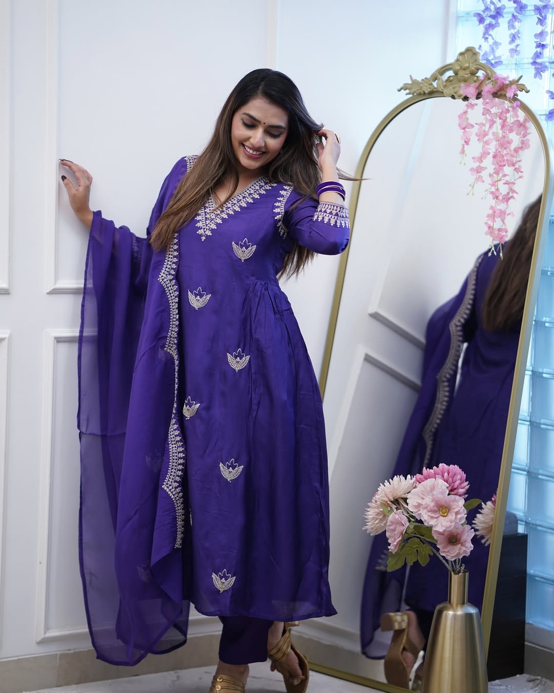 Women’s Purple Chanderi Embroidered Suit Set with One-Side Border Work Dupatta