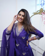 Women’s Purple Chanderi Embroidered Suit Set with One-Side Border Work Dupatta