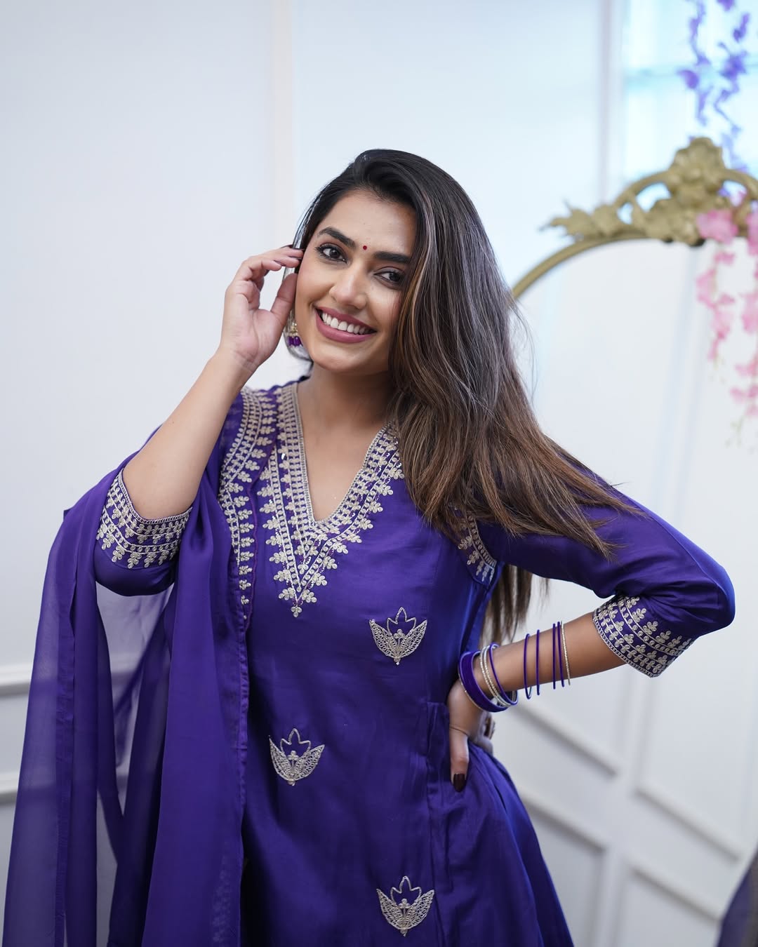Women’s Purple Chanderi Embroidered Suit Set with One-Side Border Work Dupatta