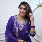 Women’s Purple Chanderi Embroidered Suit Set with One-Side Border Work Dupatta