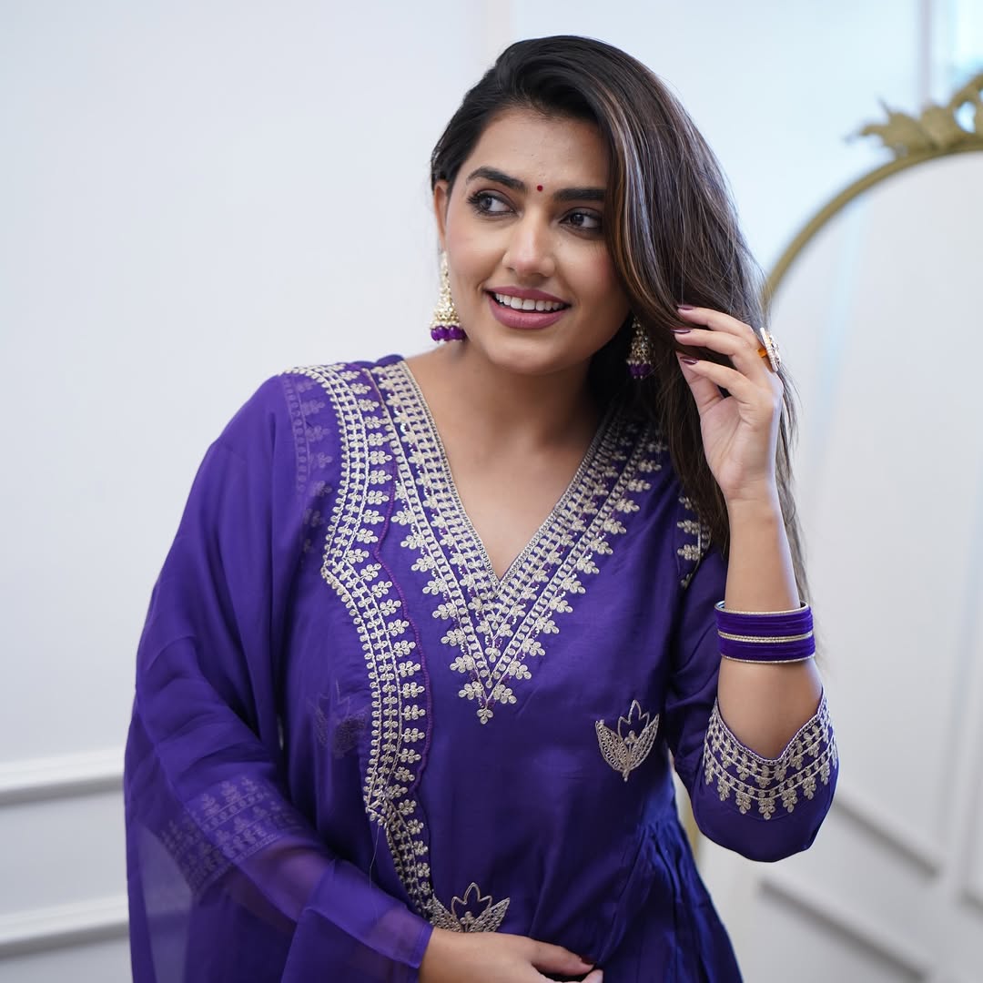 Women’s Purple Chanderi Embroidered Suit Set with One-Side Border Work Dupatta