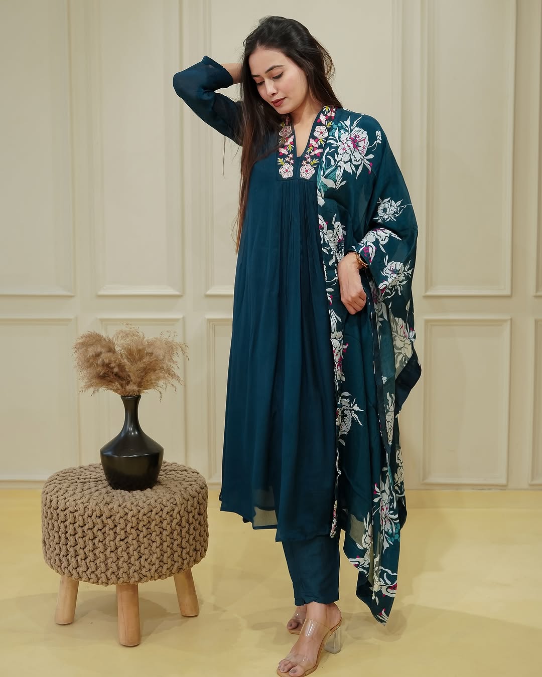 Women’s Rama Chinon Embroidered Kurta Set with Printed Chinon Dupatta