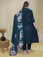 Women’s Rama Chinon Embroidered Kurta Set with Printed Chinon Dupatta
