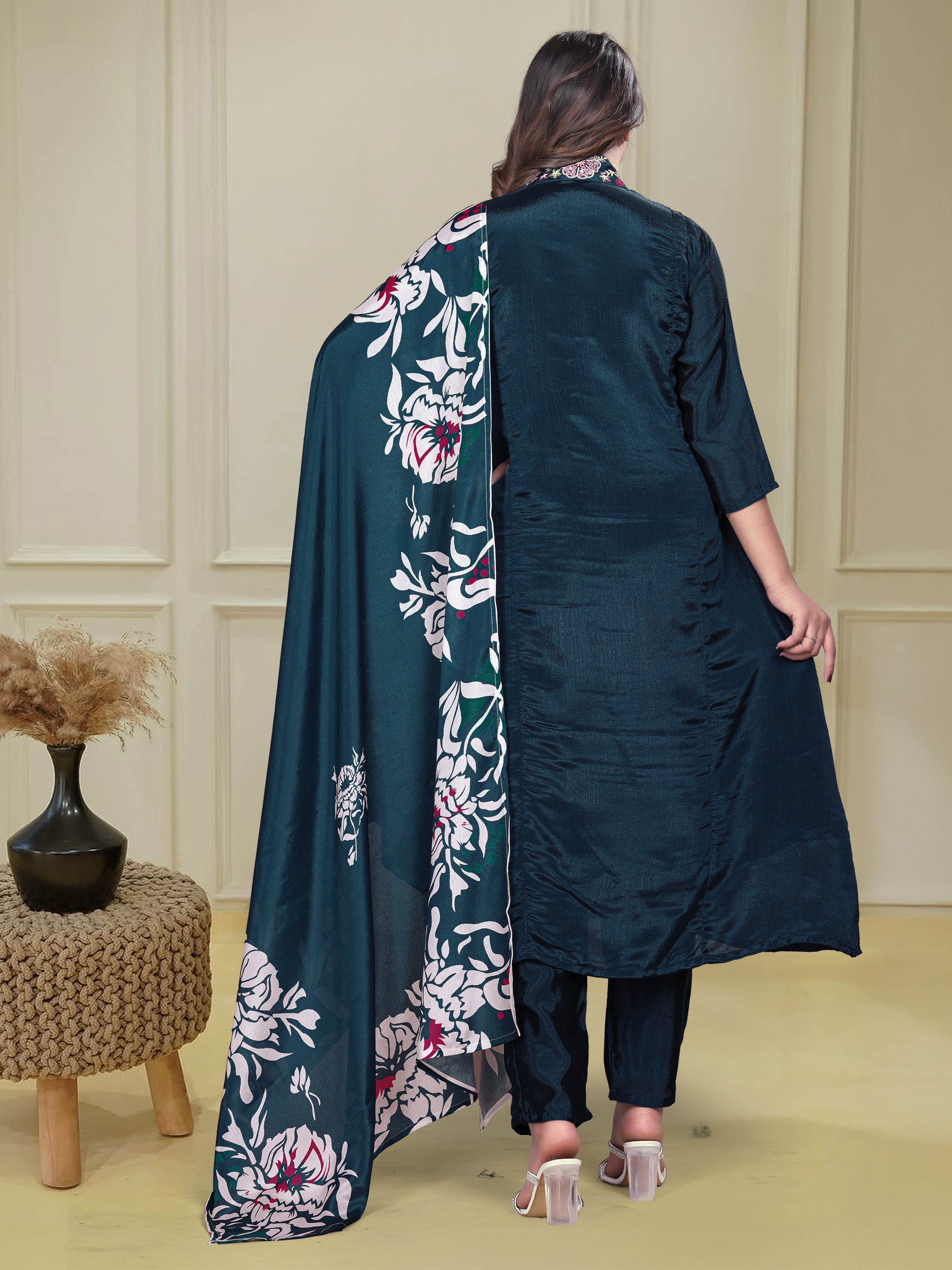 Women’s Rama Chinon Embroidered Kurta Set with Printed Chinon Dupatta