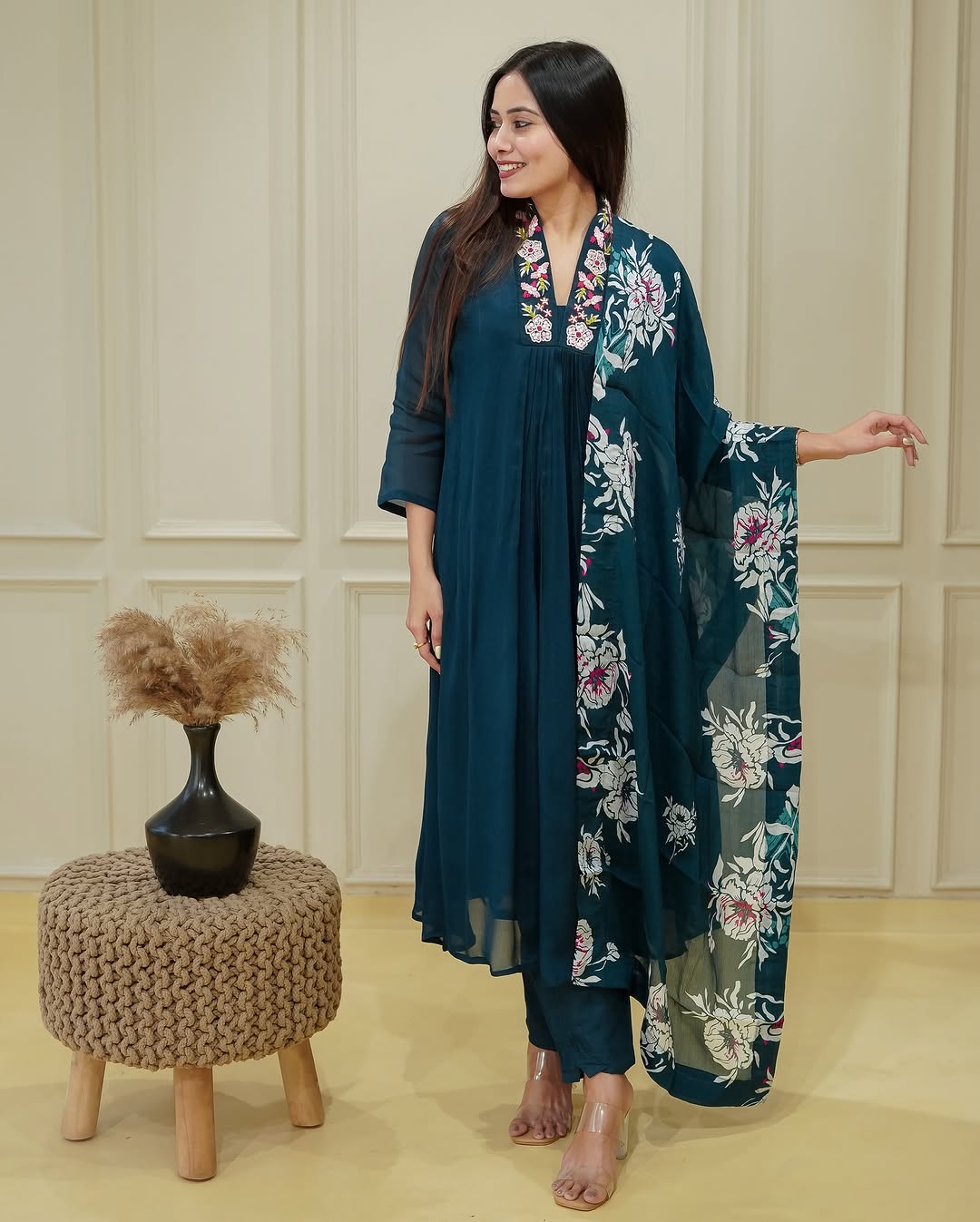 Women’s Rama Chinon Embroidered Kurta Set with Printed Chinon Dupatta