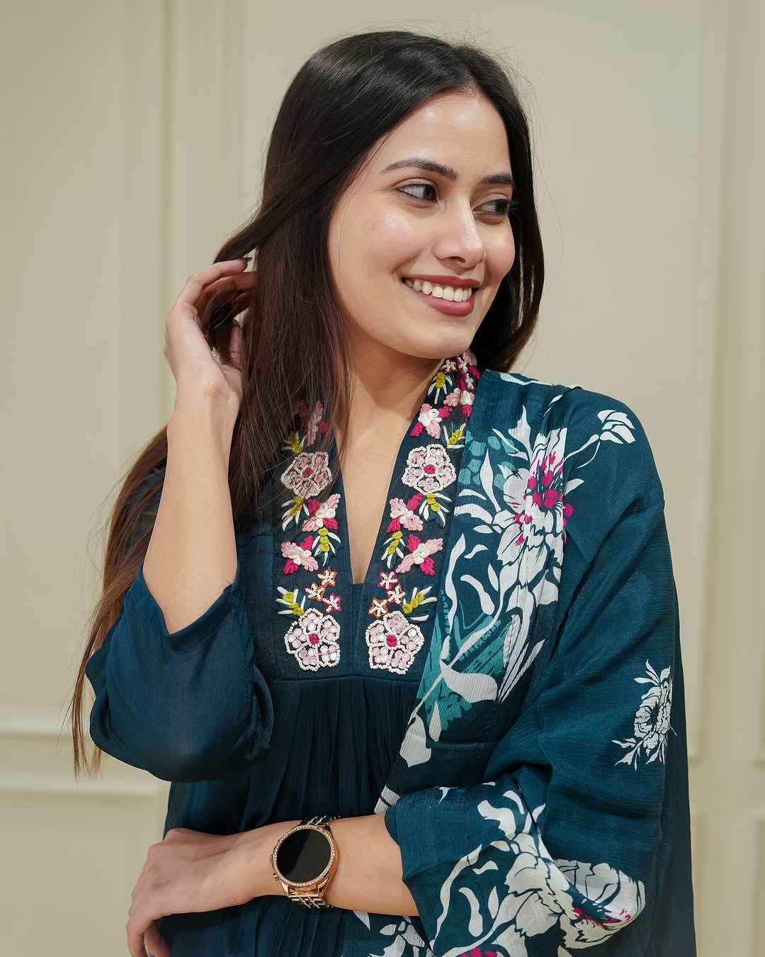 Women’s Rama Chinon Embroidered Kurta Set with Printed Chinon Dupatta