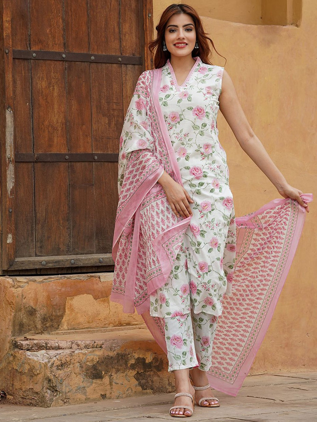 Women’s Pink Cotton Slub V-Neck Kurta Set with Lace Work & Chanderi Dupatta
