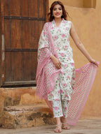 Women’s Pink Cotton Slub V-Neck Kurta Set with Lace Work & Chanderi Dupatta