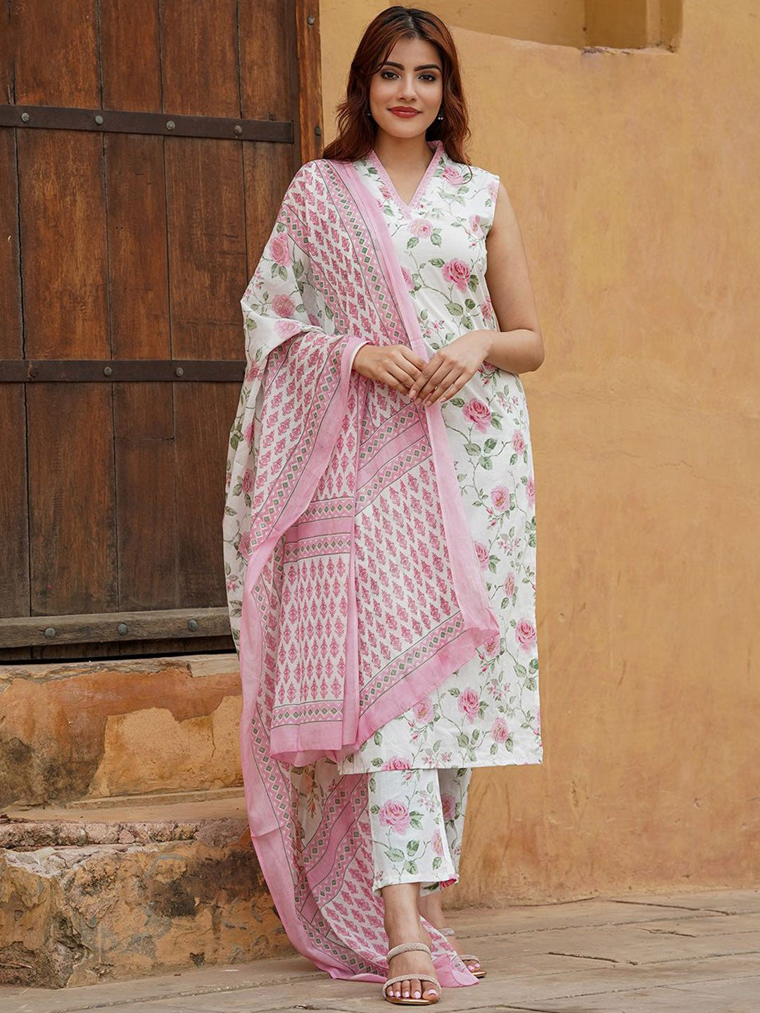 Women’s Pink Cotton Slub V-Neck Kurta Set with Lace Work & Chanderi Dupatta