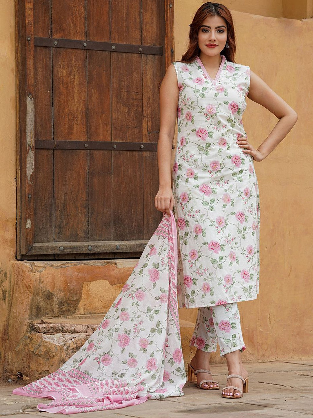 Women’s Pink Cotton Slub V-Neck Kurta Set with Lace Work & Chanderi Dupatta