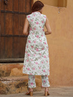 Women’s Pink Cotton Slub V-Neck Kurta Set with Lace Work & Chanderi Dupatta
