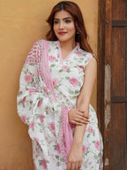 Women’s Pink Cotton Slub V-Neck Kurta Set with Lace Work & Chanderi Dupatta