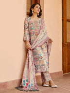 Women’s Cream Ethnic Cotton Print Kurta Set with Dupatta