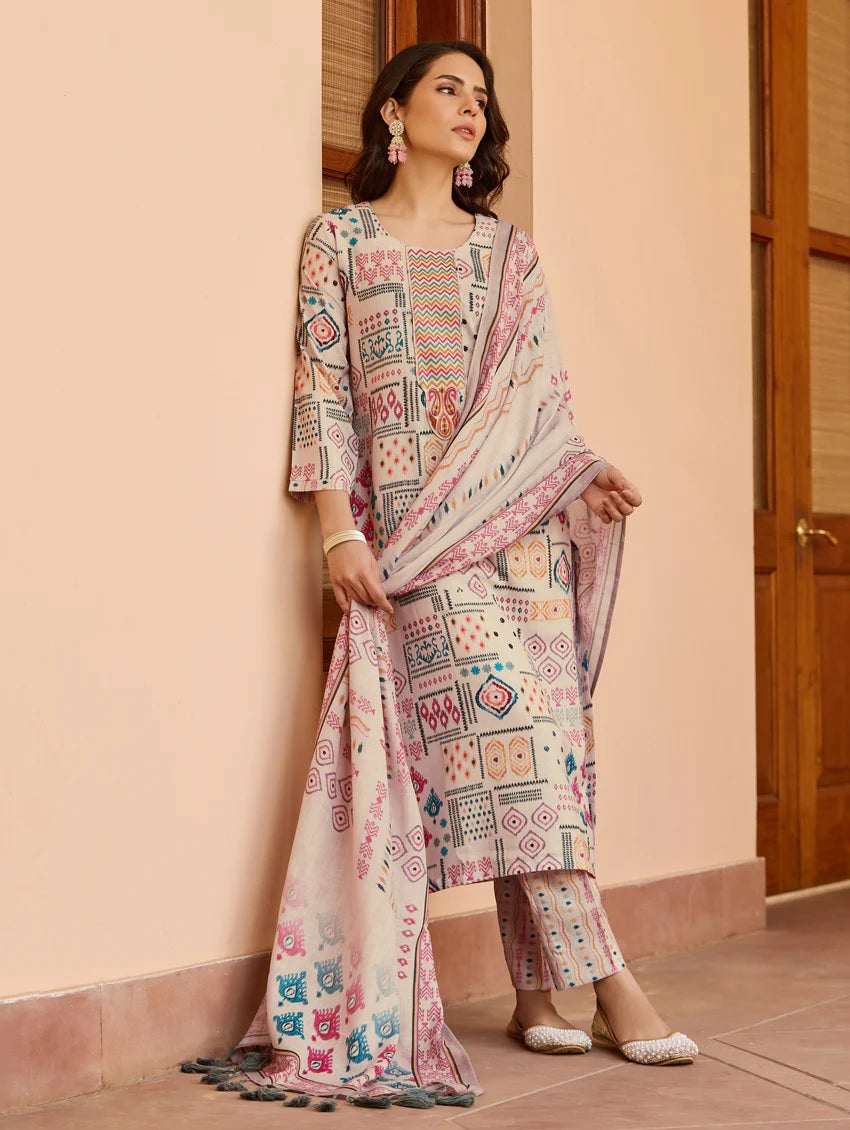 Women’s Cream Ethnic Cotton Print Kurta Set with Dupatta