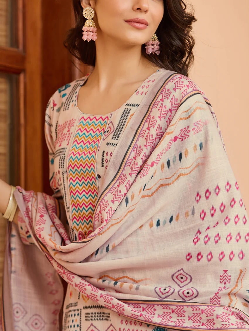 Women’s Cream Ethnic Cotton Print Kurta Set with Dupatta