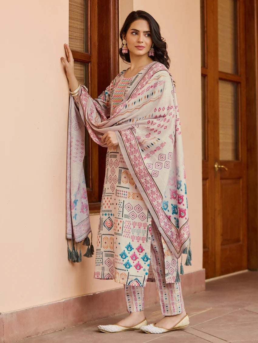 Women’s Cream Ethnic Cotton Print Kurta Set with Dupatta