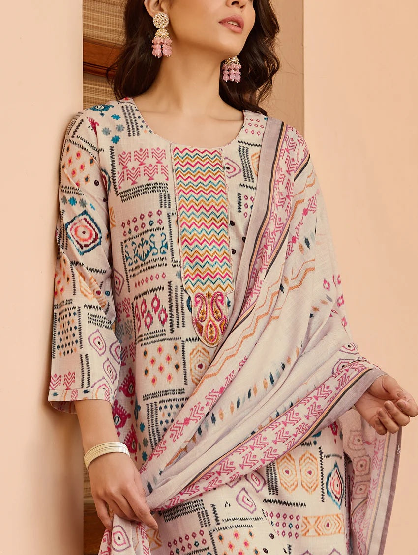 Women’s Cream Ethnic Cotton Print Kurta Set with Dupatta