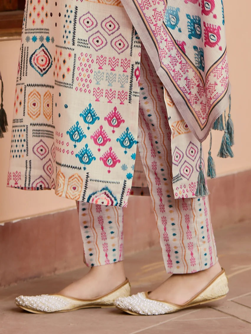 Women’s Cream Ethnic Cotton Print Kurta Set with Dupatta
