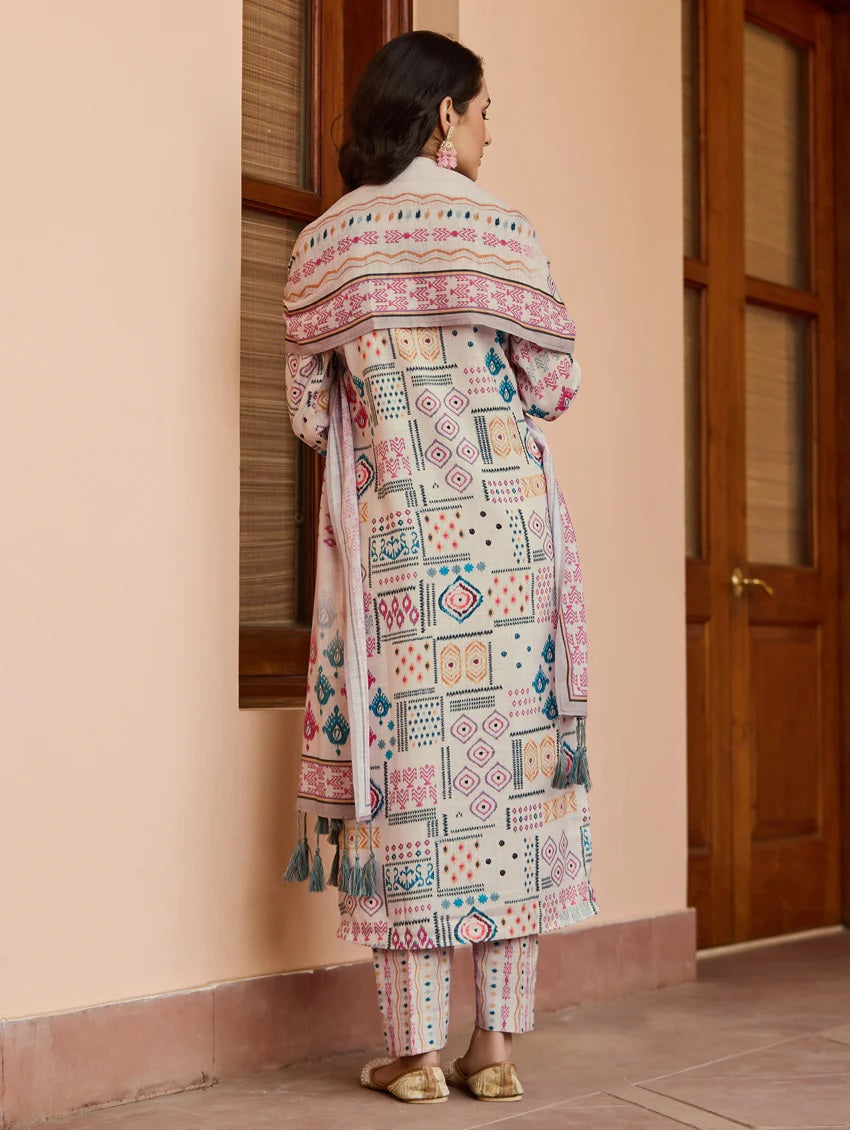 Women’s Cream Ethnic Cotton Print Kurta Set with Dupatta