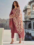 Designer Maroon Cotton Silk Embroidered Piece with Printed Border & Latkan Finish