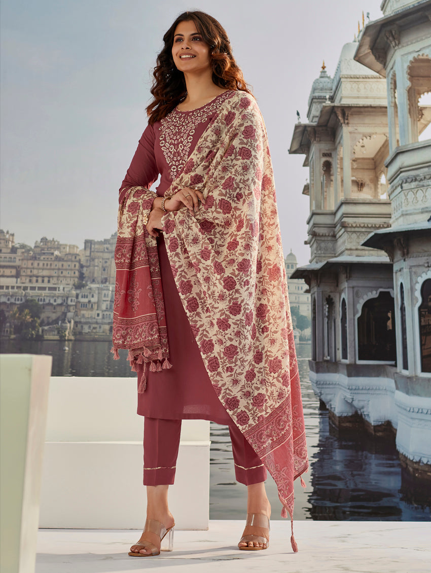 Designer Maroon Cotton Silk Embroidered Piece with Printed Border & Latkan Finish