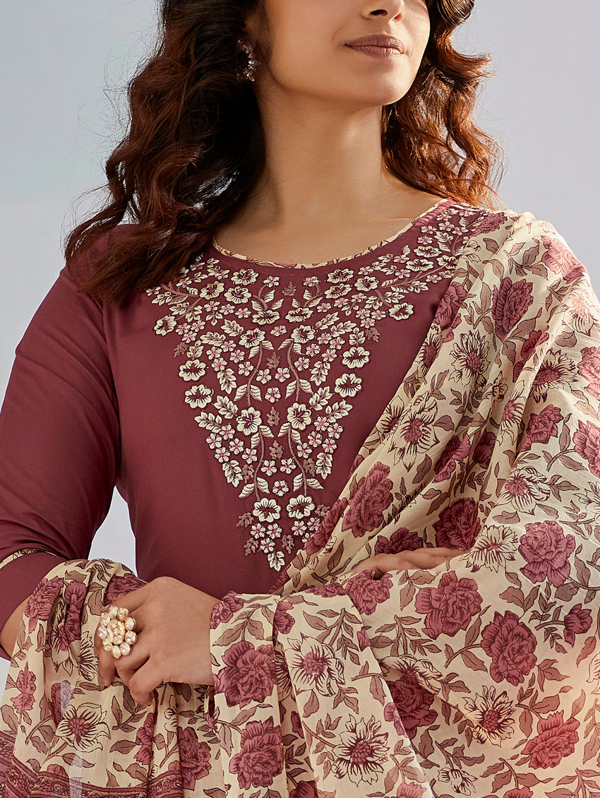 Designer Maroon Cotton Silk Embroidered Piece with Printed Border & Latkan Finish