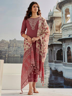 Designer Maroon Cotton Silk Embroidered Piece with Printed Border & Latkan Finish