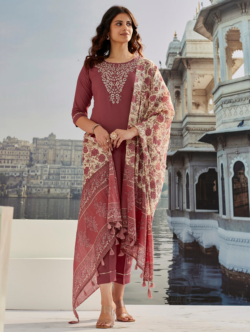 Designer Maroon Cotton Silk Embroidered Piece with Printed Border & Latkan Finish