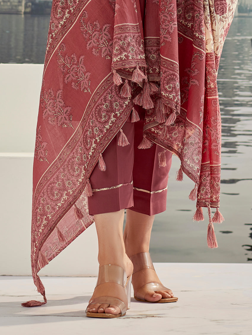 Designer Maroon Cotton Silk Embroidered Piece with Printed Border & Latkan Finish