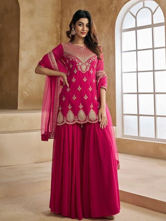Women’s Pink Georgette Suit Set with Flowing Butter Net Dupatta