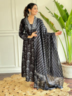 Traditional Black Floral Print Kurta Set with Dupatta, Long Sleeve Ethnic Dress, Silver Embroidered