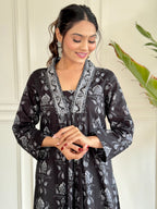 Traditional Black Floral Print Kurta Set with Dupatta, Long Sleeve Ethnic Dress, Silver Embroidered
