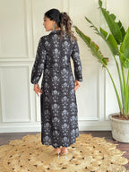 Traditional Black Floral Print Kurta Set with Dupatta, Long Sleeve Ethnic Dress, Silver Embroidered