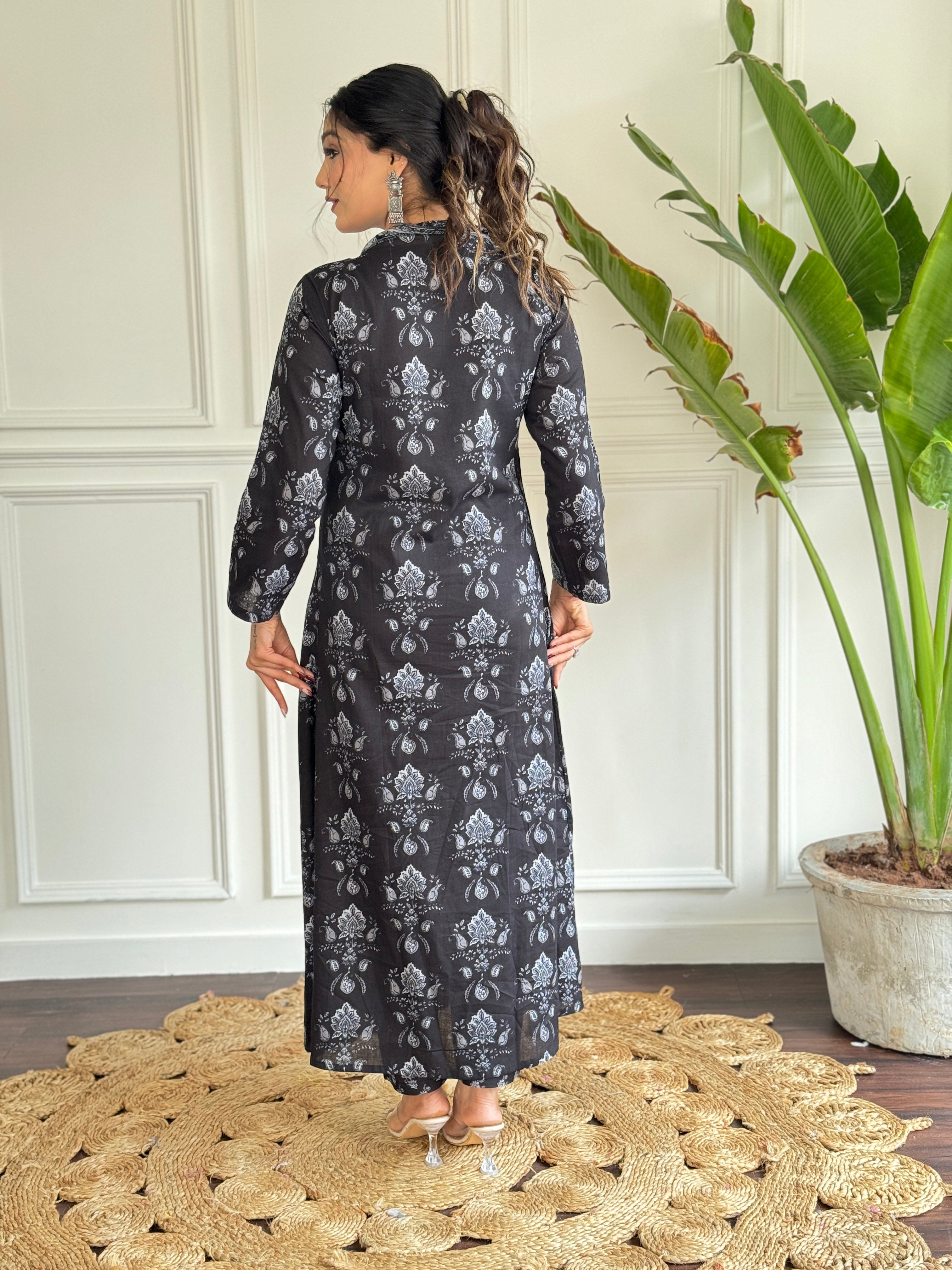 Traditional Black Floral Print Kurta Set with Dupatta, Long Sleeve Ethnic Dress, Silver Embroidered