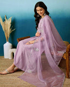 Women’s Lavender Silk Blend Embroidered Kurta Set with Soft Organza Dupatta