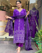 Traditional Bandhani Print Purple Cotton Kurta Set with Embroidered V-Neck & Straight Cut