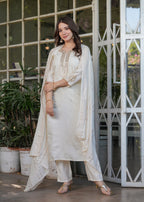 Women’s White Traditional Embroidered Kurta Set with Dupatta – 3-Piece Viscose Chanderi Ethnic Outfit