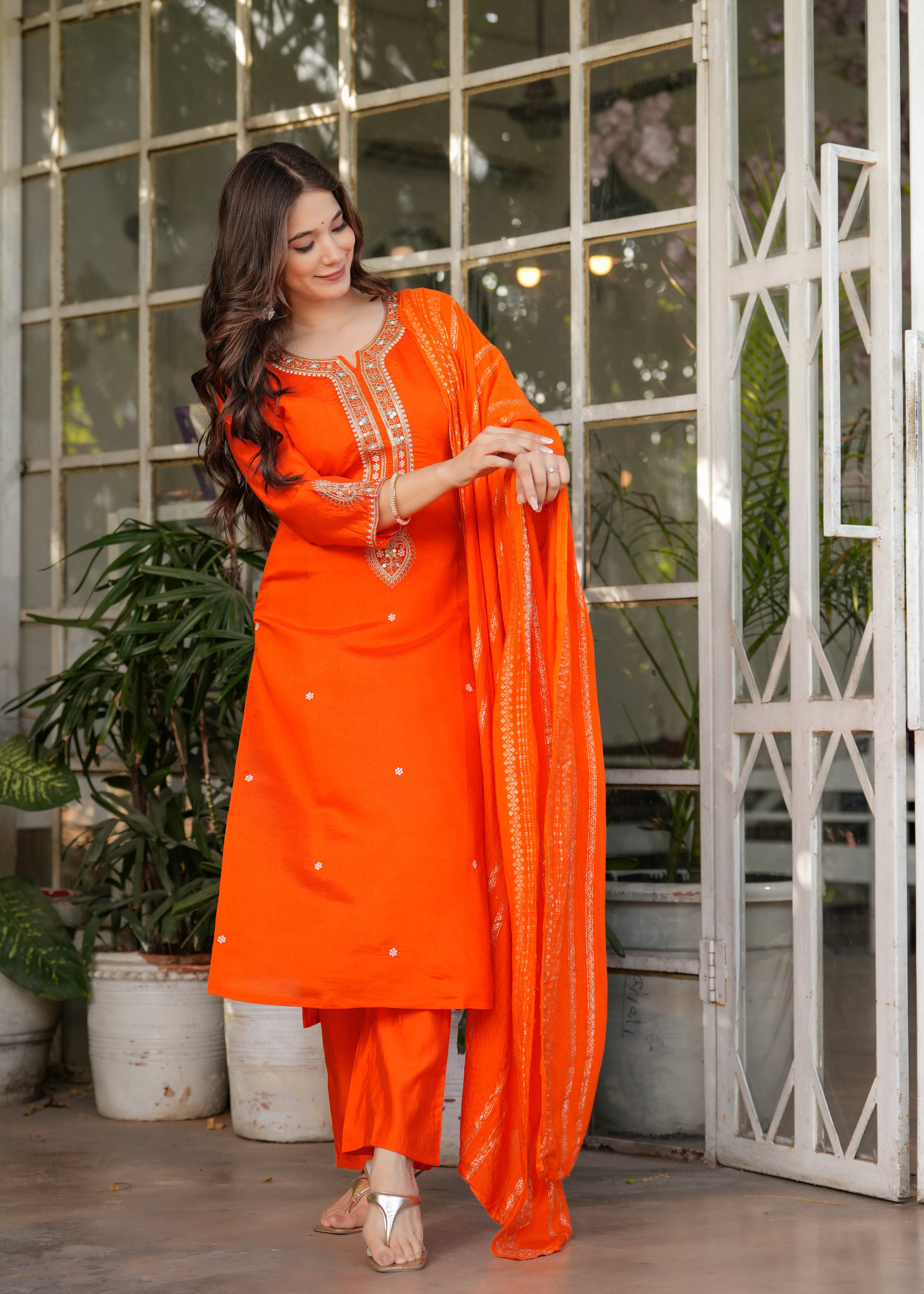 Women’s Orange Traditional Embroidered Kurta Set with Dupatta – 3-Piece Viscose Chanderi Ethnic Outfit