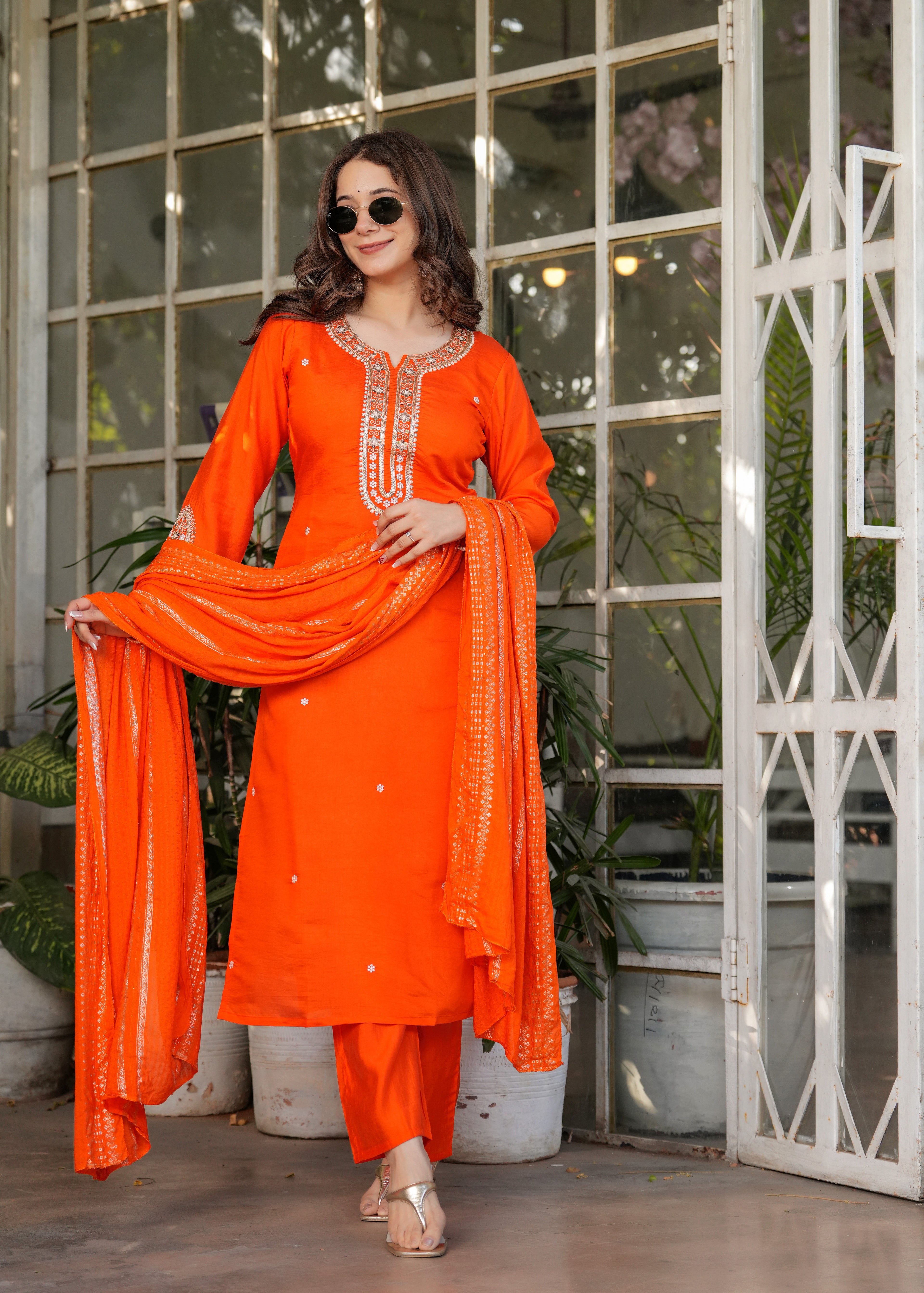Women’s Orange Traditional Embroidered Kurta Set with Dupatta – 3-Piece Viscose Chanderi Ethnic Outfit