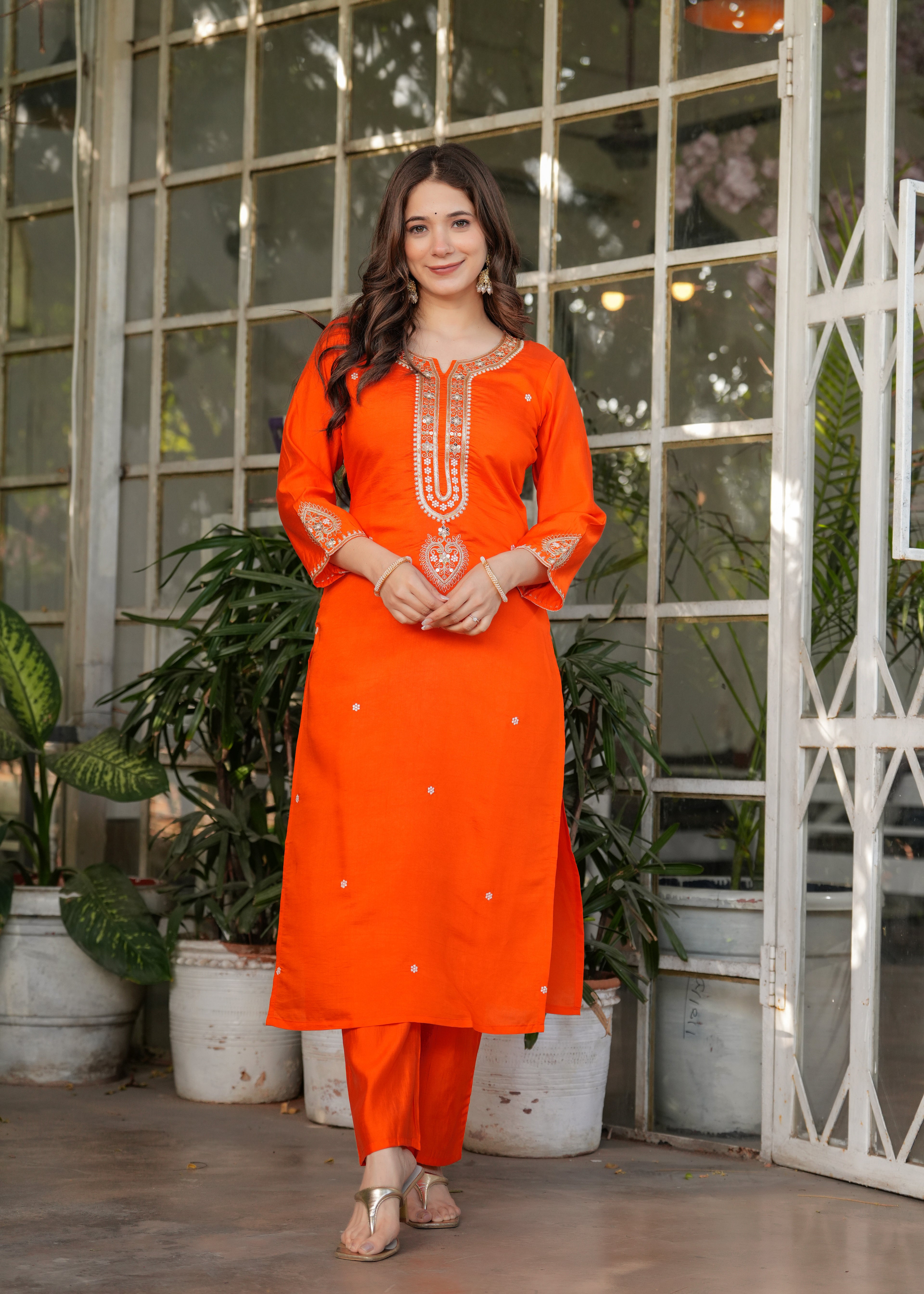 Women’s Orange Traditional Embroidered Kurta Set with Dupatta – 3-Piece Viscose Chanderi Ethnic Outfit