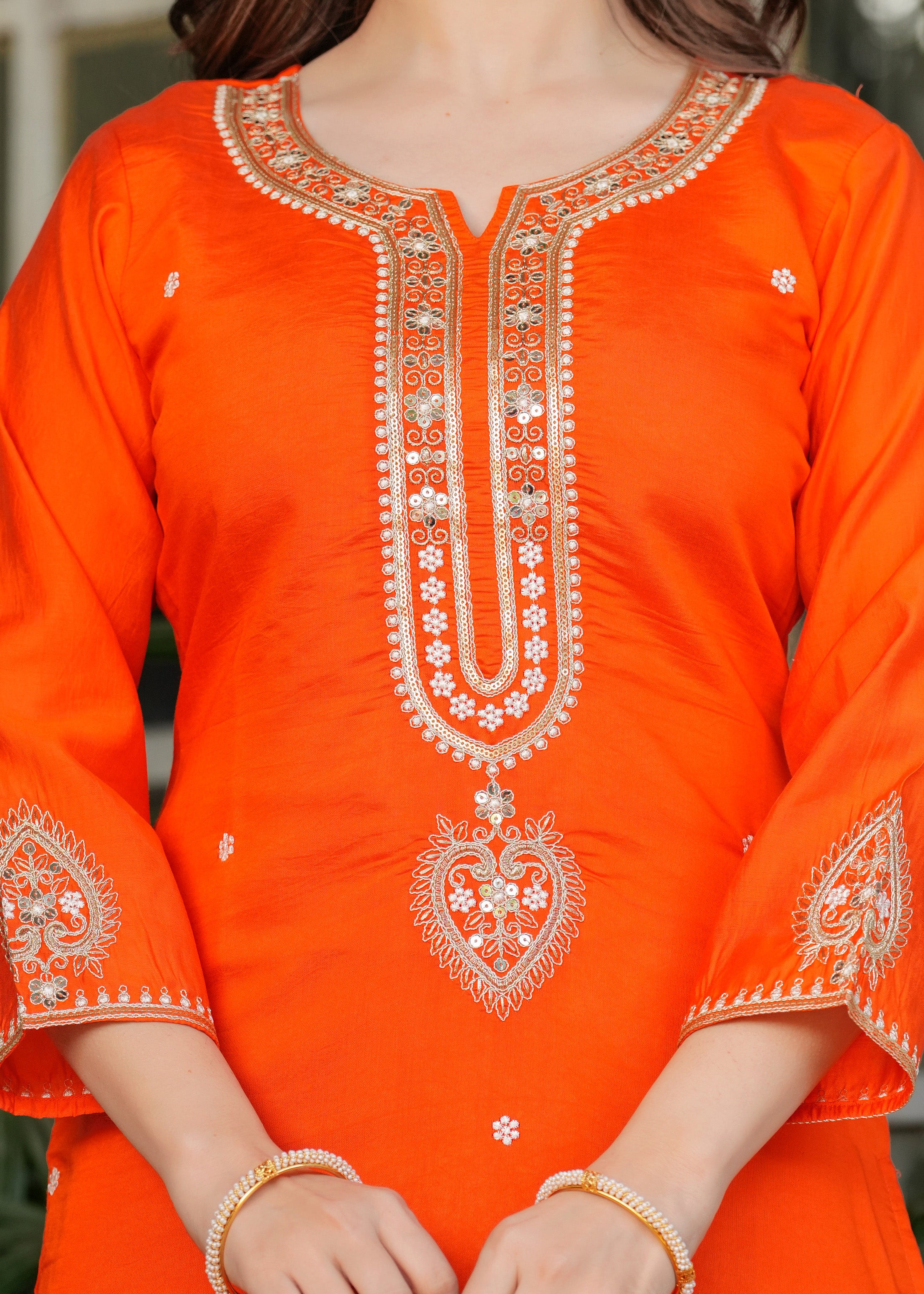 Women’s Orange Traditional Embroidered Kurta Set with Dupatta – 3-Piece Viscose Chanderi Ethnic Outfit